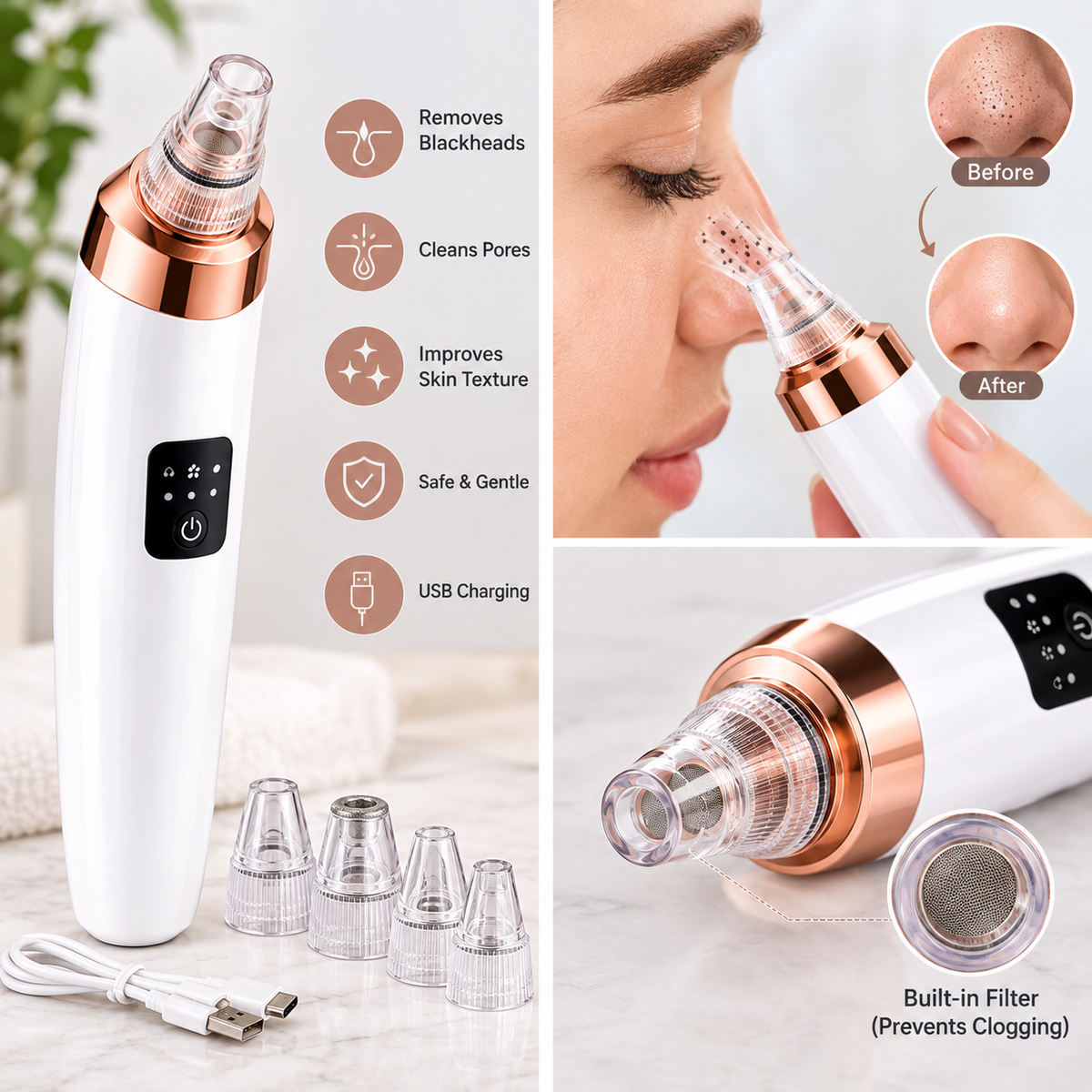 Derma suction Cleanser Blackhead Remover ABS White Gold